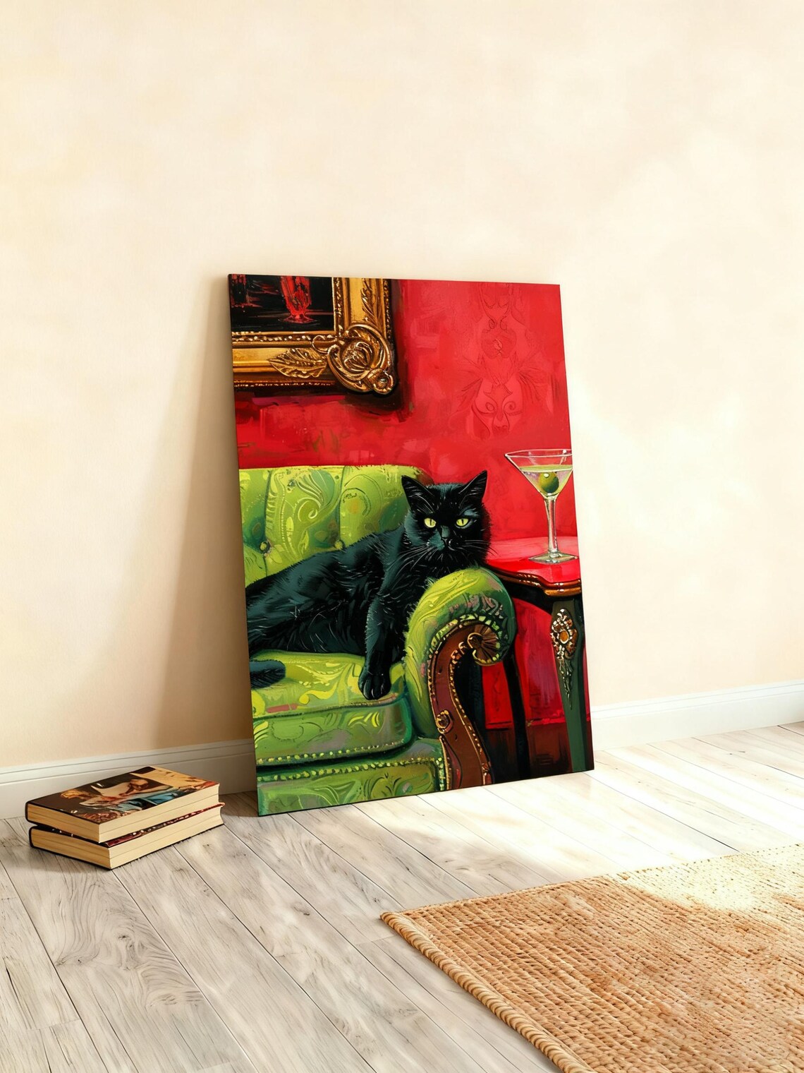 Black Cat on Green Sofa, Modern Pop Poster