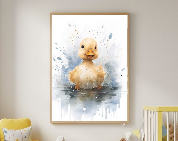 Adorable Baby Duck Nursery Print Cute Happy Duckling In Puddle Wall Art Neutral Colors Large Bathroom Poster
