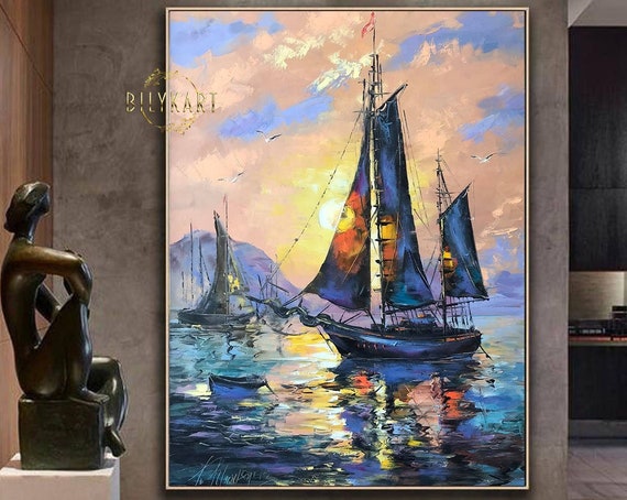 Sailboat Painting Original Boat Art Painting Abstract Sail Boat Wall Art Maritime Decor Ship At Sunset Oil Painting Sailboat Modern Art