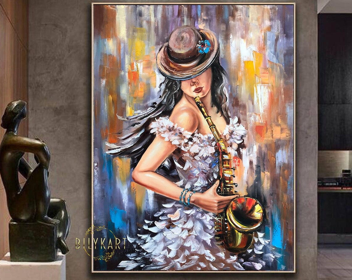 Jazz Saxophone Woman White Dress Hat Gold Oil Painting Music Art Wall Poster