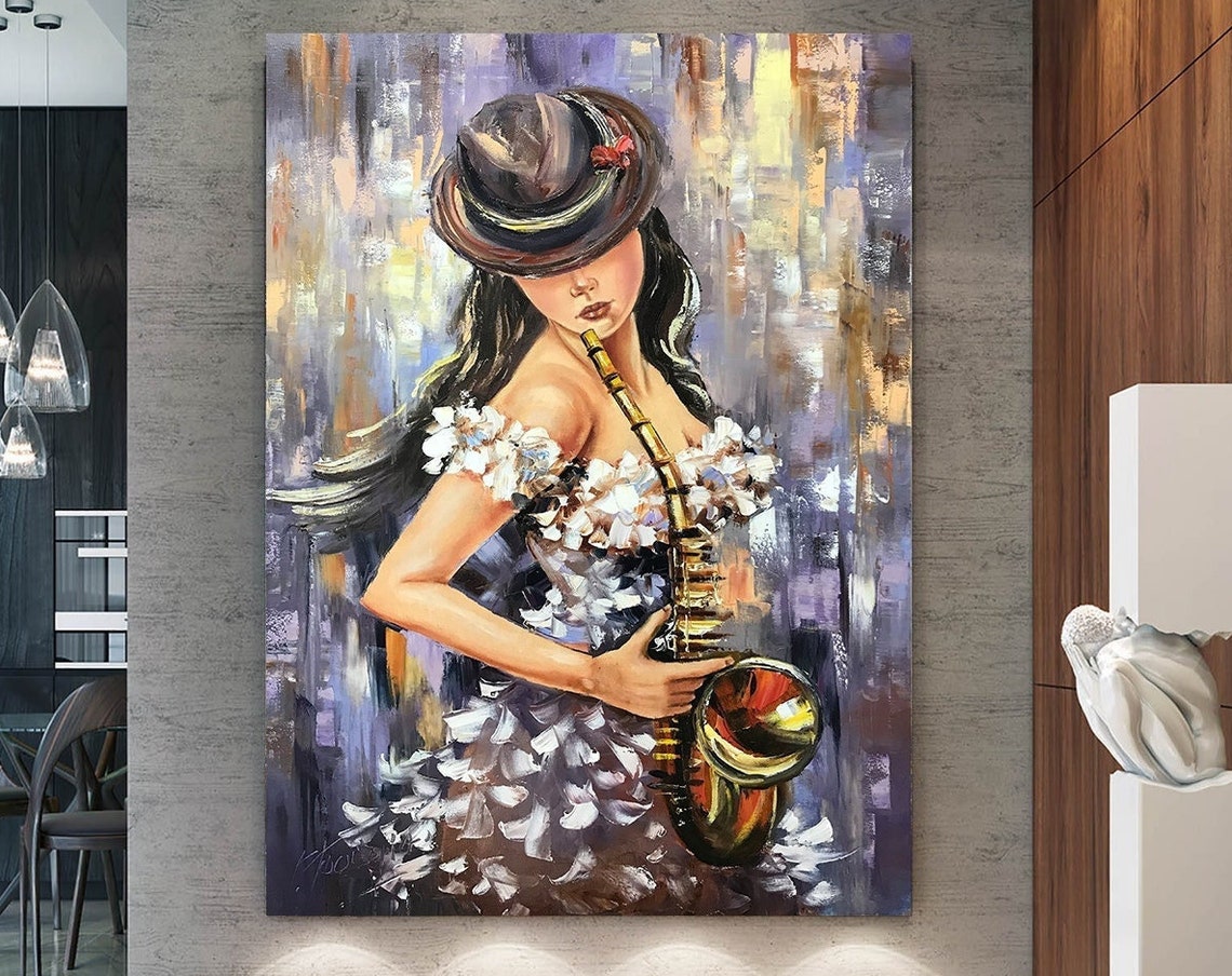 Jazz Painting Original Sax Player Wall Art Girl In Hat Painting Music Fan Gift Musician Artwork 24x36 Modern Saxophone Woman Oil Painting - Image 2