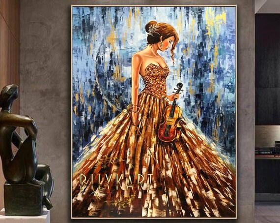 Elegant Violinist Lady Gold Gown Oil Painting Music Wall Art Poster