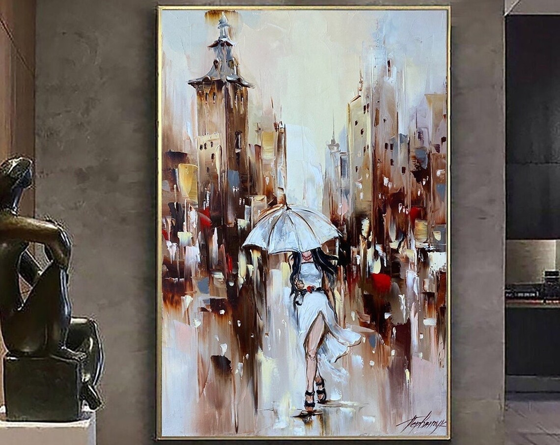 Woman With Umbrella Rainy City Street White Dress Abstract Art Poster