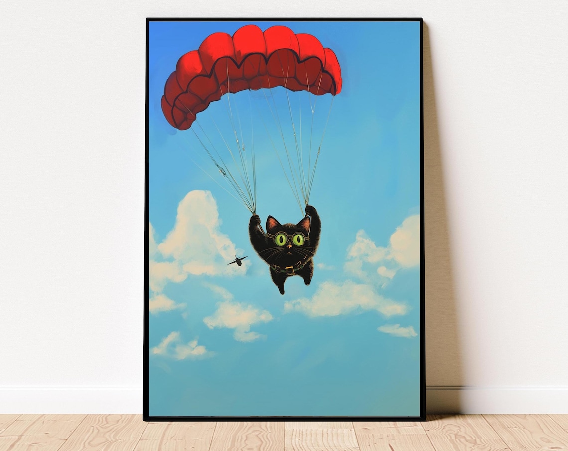 Adorable Black Cat Parachuting Red Parachute Cloudy Sky Poster