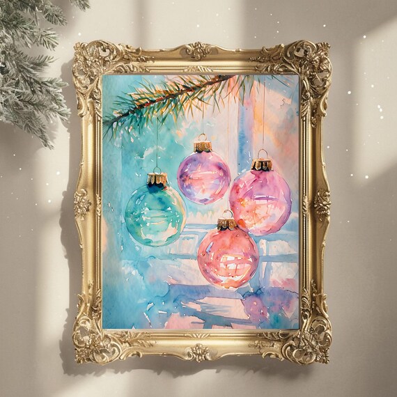 Pastel Watercolor Christmas Ornaments Branch Holiday Art Poster