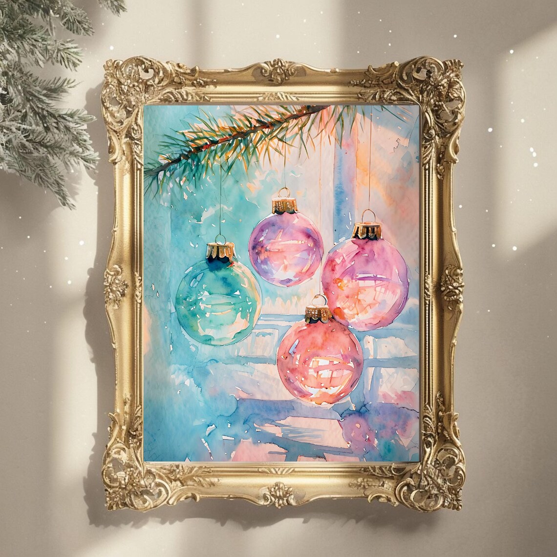 Pastel Watercolor Christmas Ornaments Branch Holiday Art Poster
