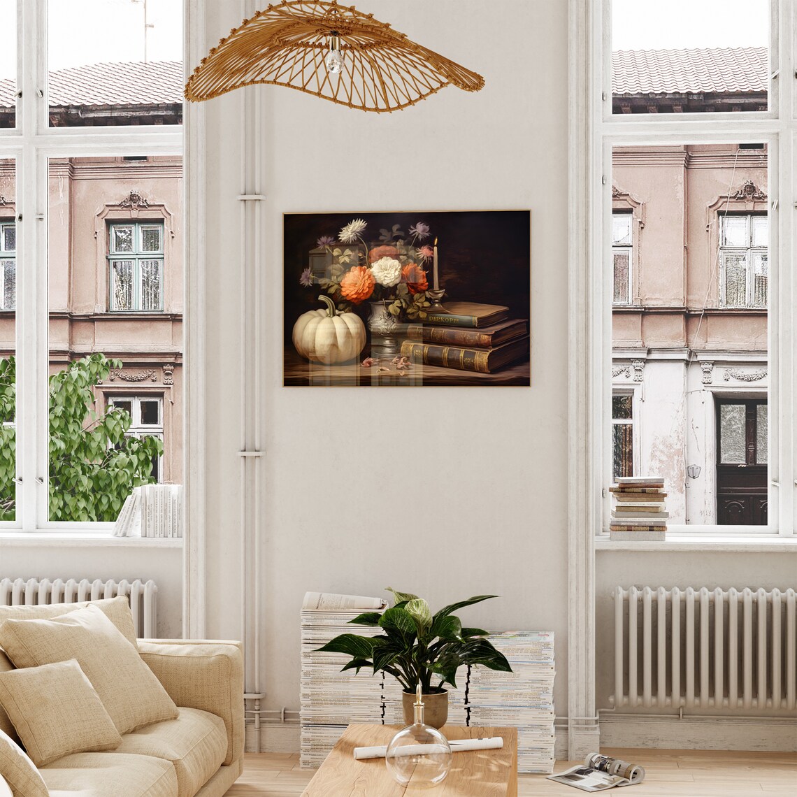 Autumn Still Life Painting Pumpkin Dahlias Candle Vintage Fall Poster - Image 5
