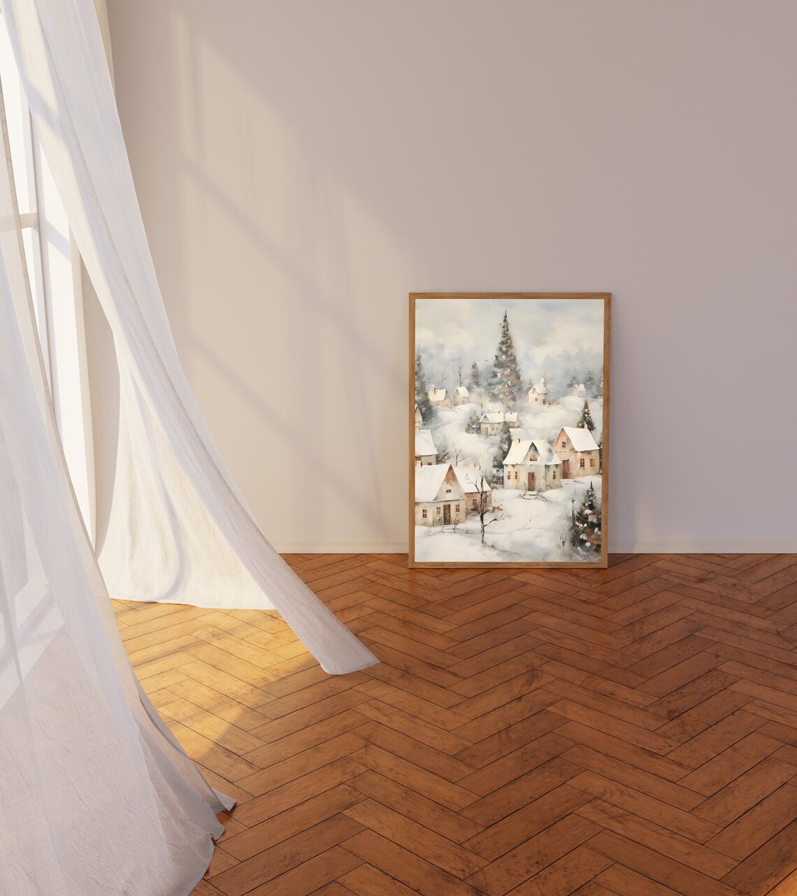 Vintage Winter Village Painting, Moody Winter Landscape - Image 4