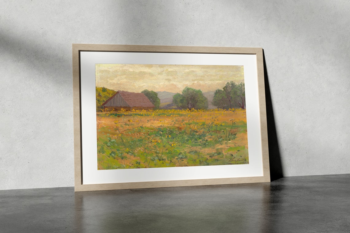 Rustic Barn Among Yellow Wildflowers Vintage Farm Painting Poster - Image 4