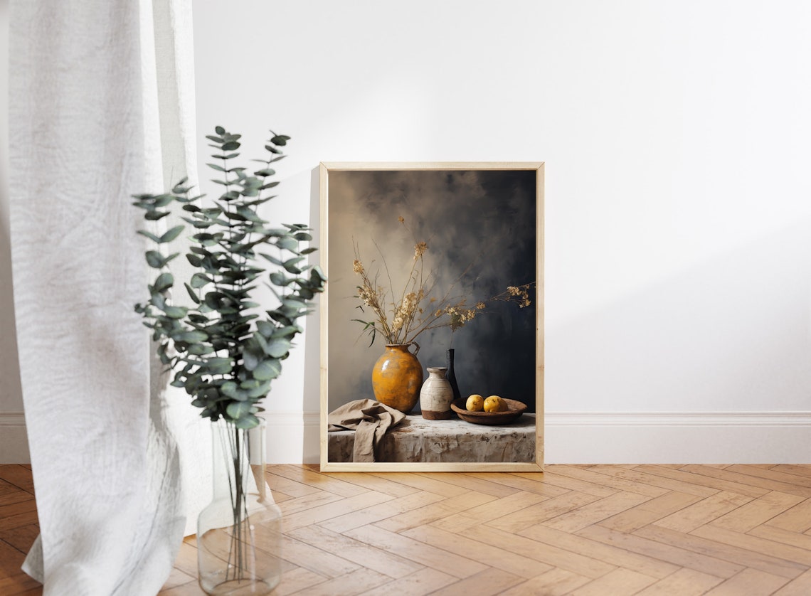 Golden Vase with Dried Florals Moody Rustic Kitchen Wall Art - Image 4