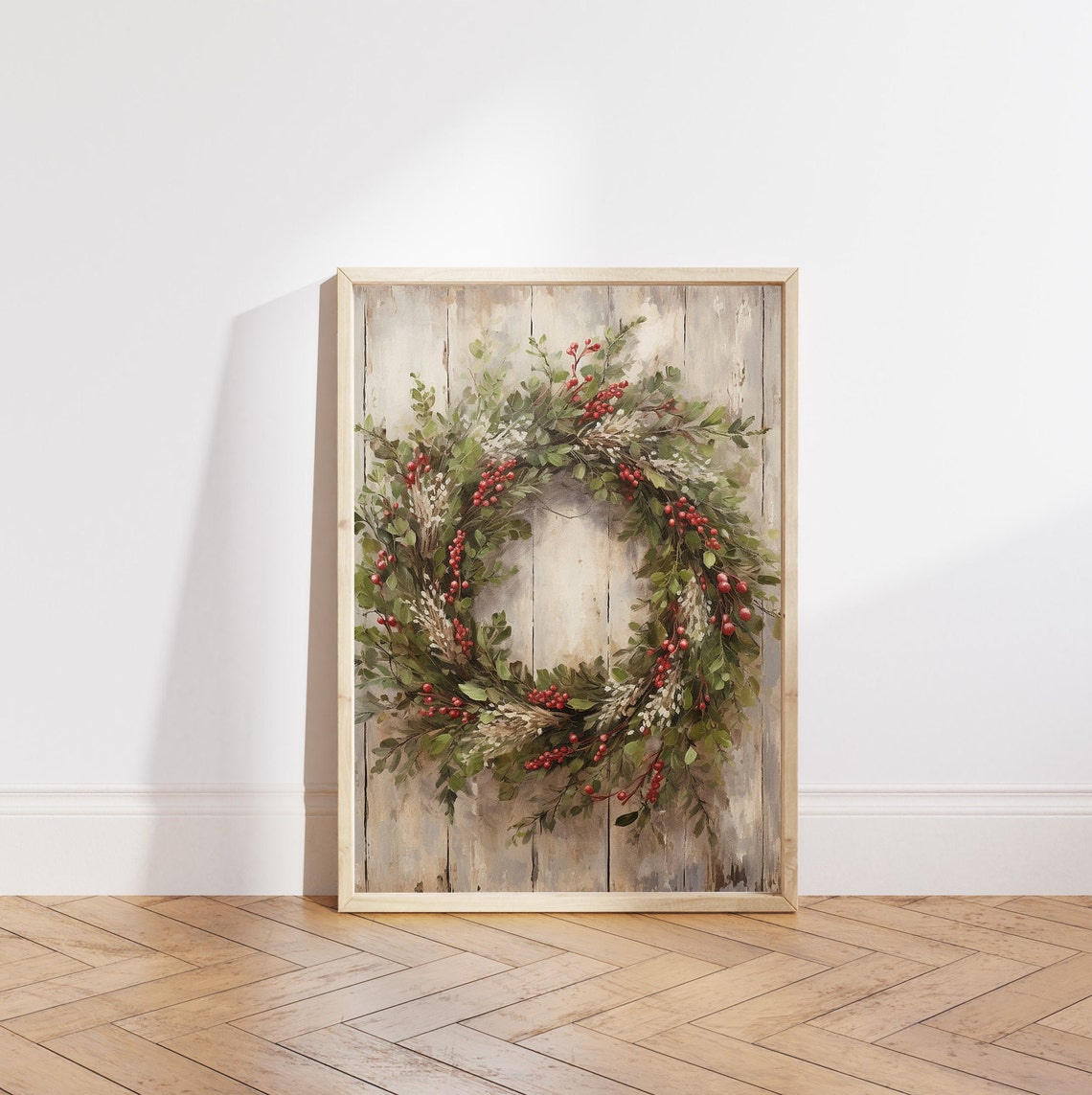 Evergreen Wreath with Red Berries on Whitewashed Wood Poster - Image 5