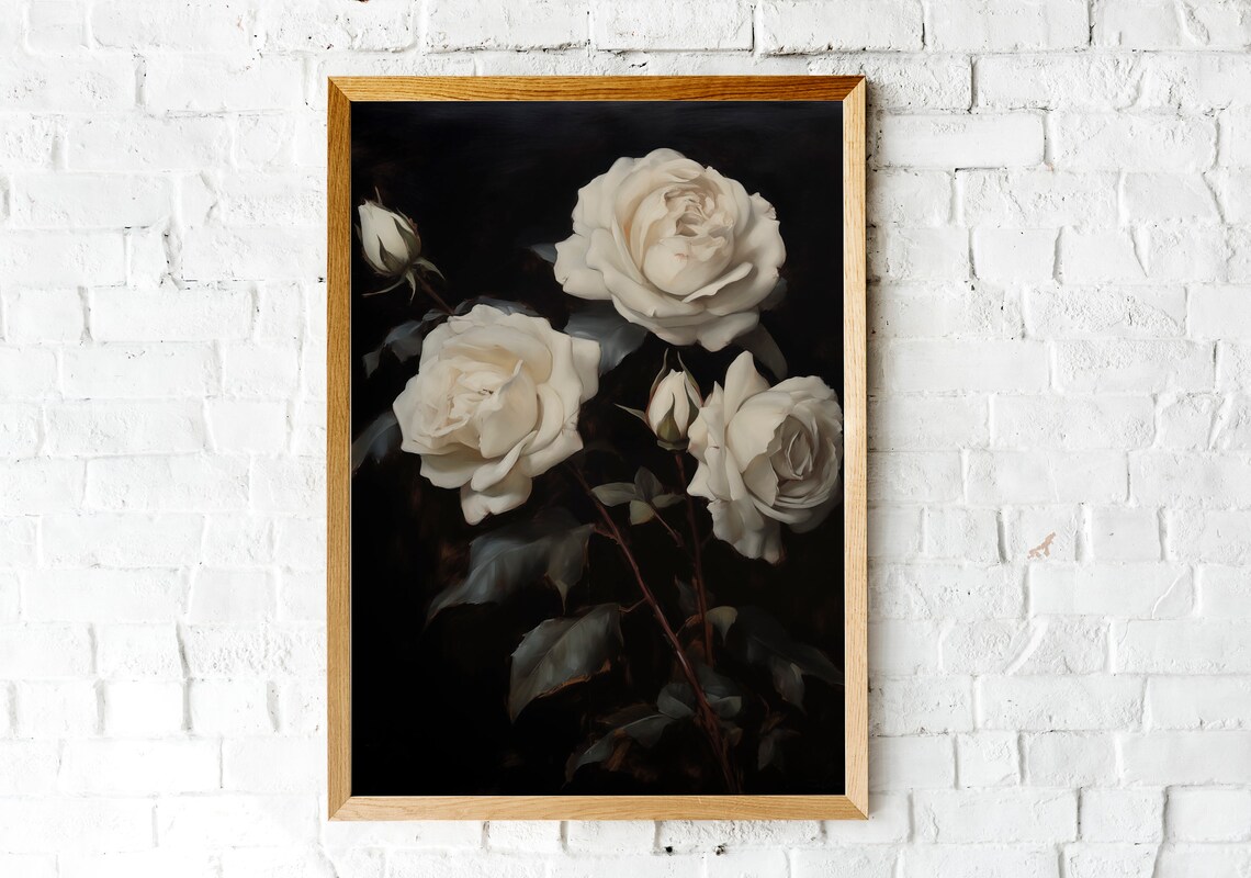 White Roses on Black Background Classic Painterly Floral Poster - Image 2