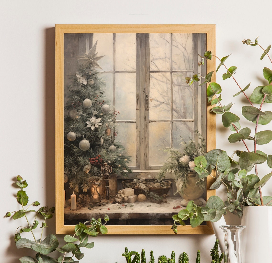 Snowy Christmas Tree by Frosty Window with Glowing Candles Poster