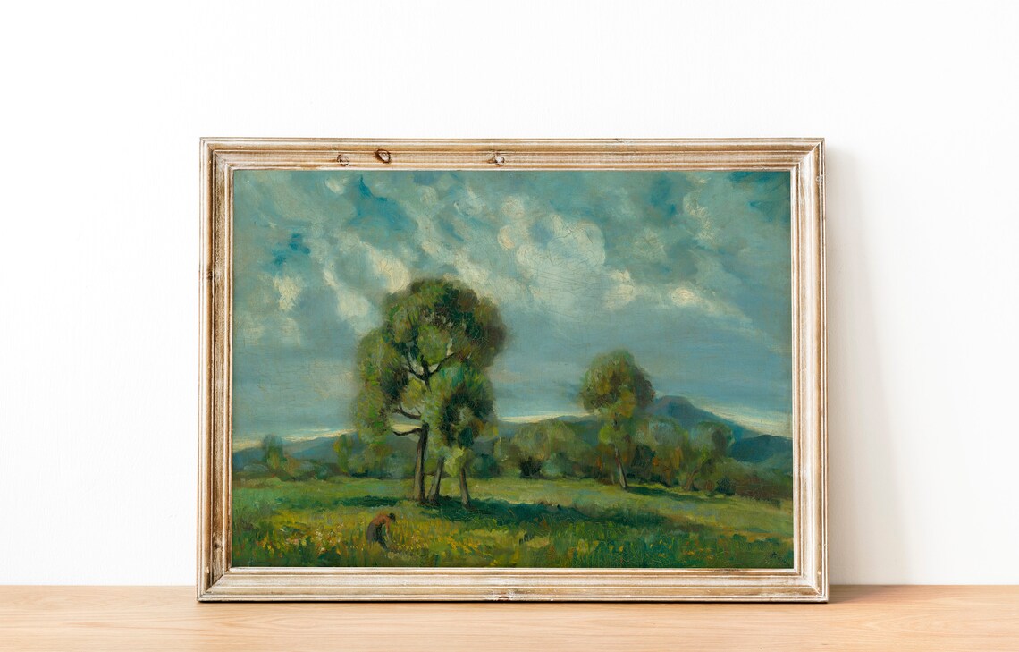 Vintage Country Landscape Painting Green Meadow Tree Rustic Art Poster - Image 3