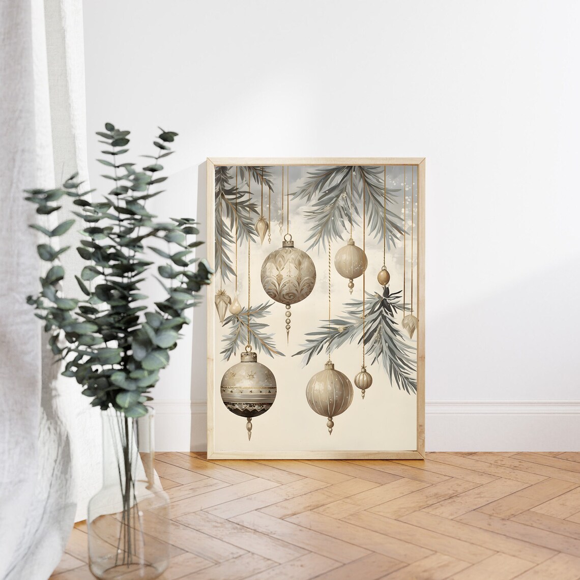 Champagne Baubles Hanging with Frosted Pine Branches Holiday Poster - Image 4