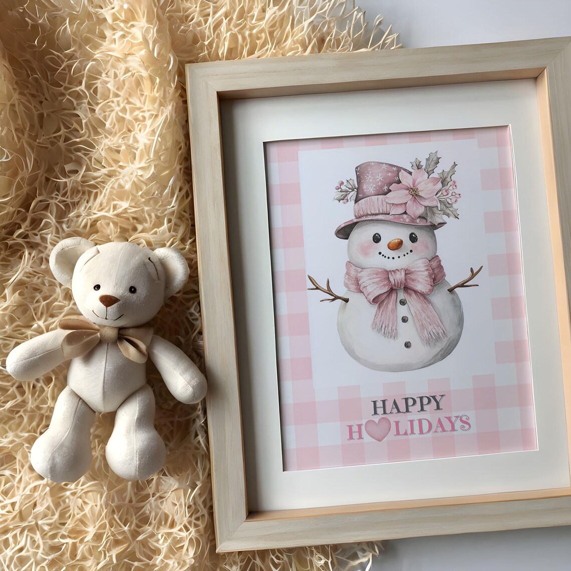 Cute Snowman with Pink Poinsettia Hat and Happy Holidays Text Poster - Image 6