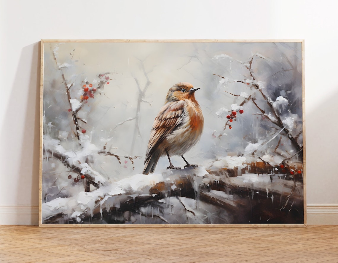 Winter Bird on a Snowy Branch with Red Berries Rustic Wall Art
