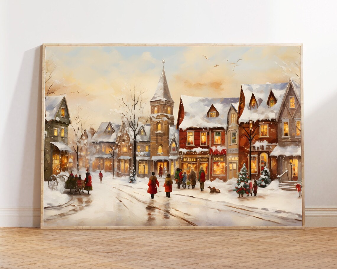 Snowy Village Street at Dusk with Church Steeple Winter Town Poster