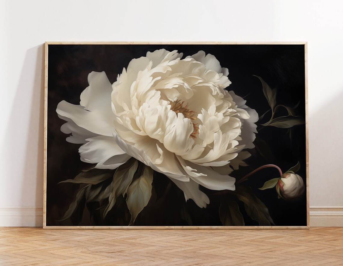 Peony Vintage Flower Art Print, Moody Botanical