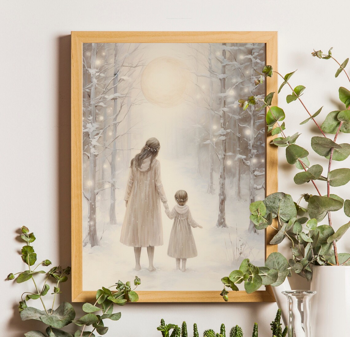 Mother And Daughter Moonlit Snowy Forest Walk Sweet Winter Poster