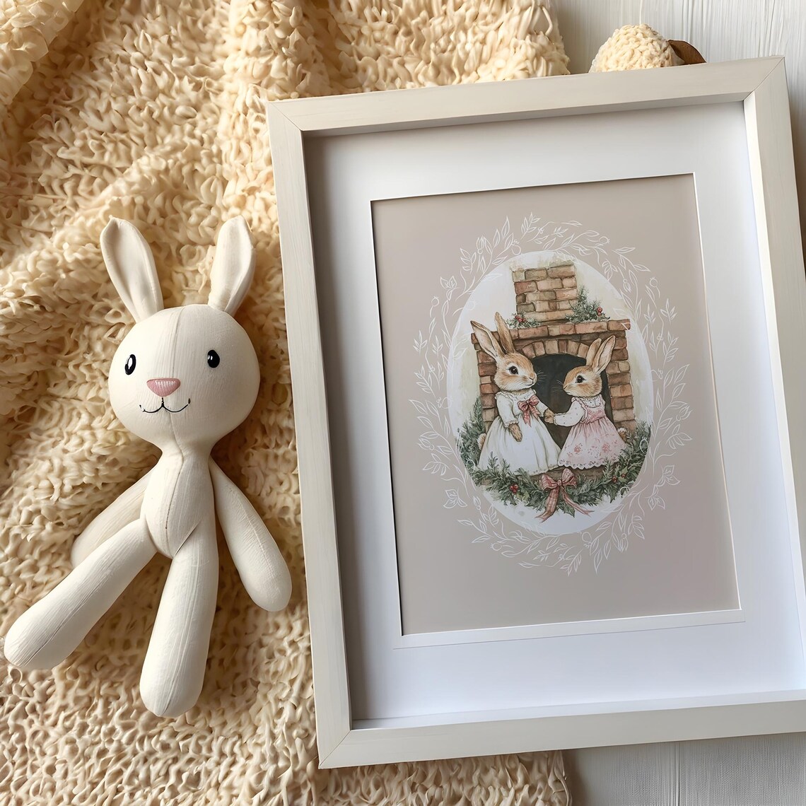 Two Bunny Sisters by a Brick Fireplace with Christmas Garland Poster - Image 5