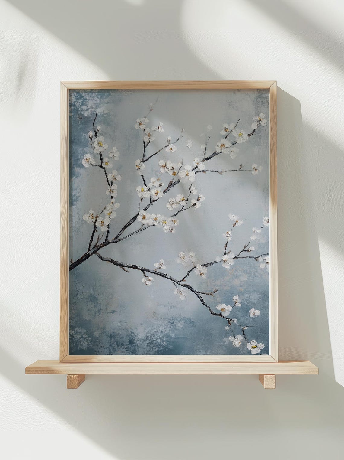 White Cherry Blossom Branches Blue Gray Japandi Home Decor Poster