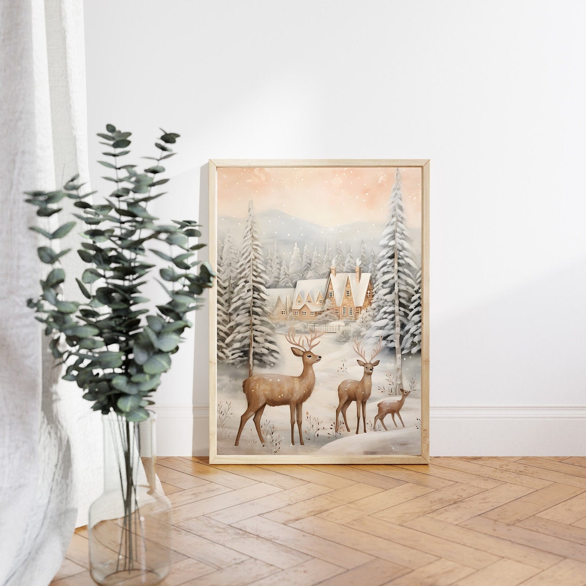 Three Deer in Snowy Pine Forest with Chalet at Pink Sunrise Poster - Image 3