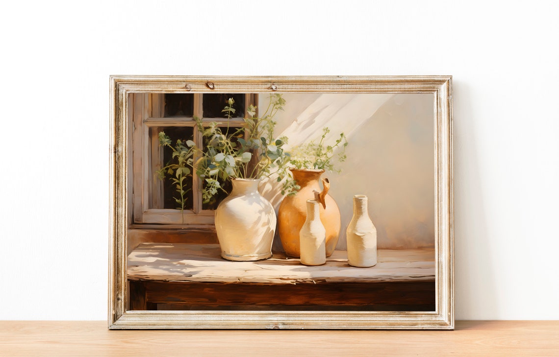 Sunlit Window with Terracotta Vases Cottage Kitchen Wall Art - Image 2