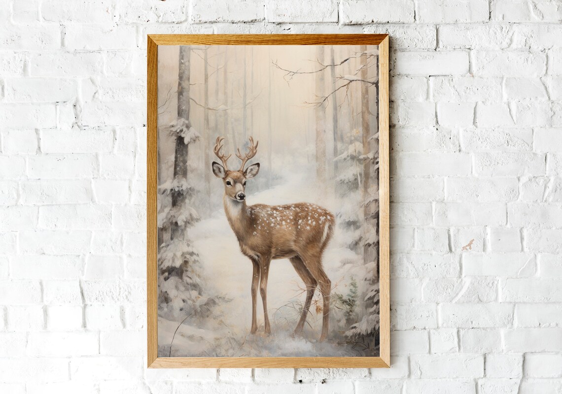 Vintage Christmas Deer Painting, Winter Forest Art Print - Image 2