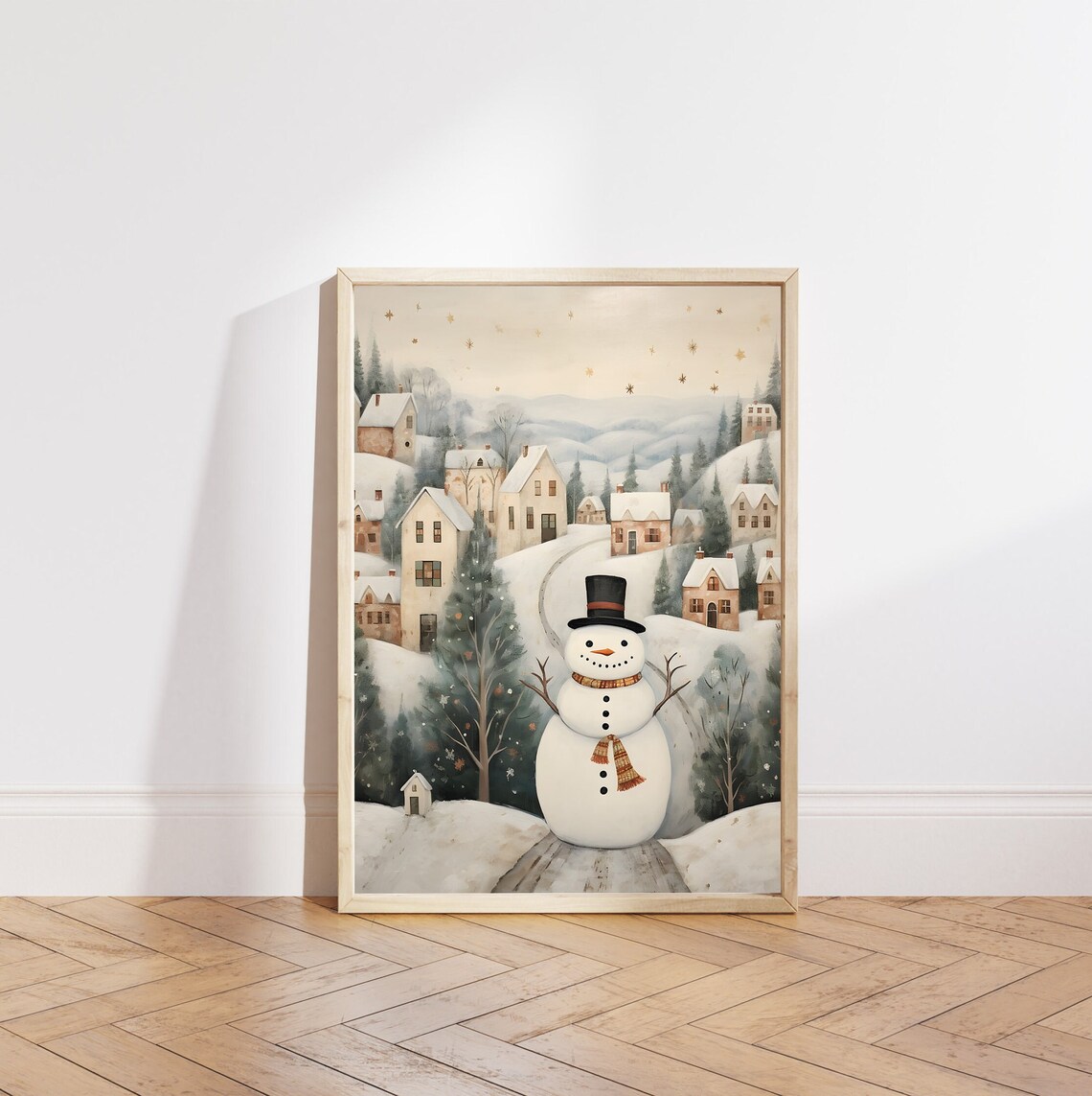 Snowman on Snowy Path before Starry Hillside Village Christmas Poster - Image 5