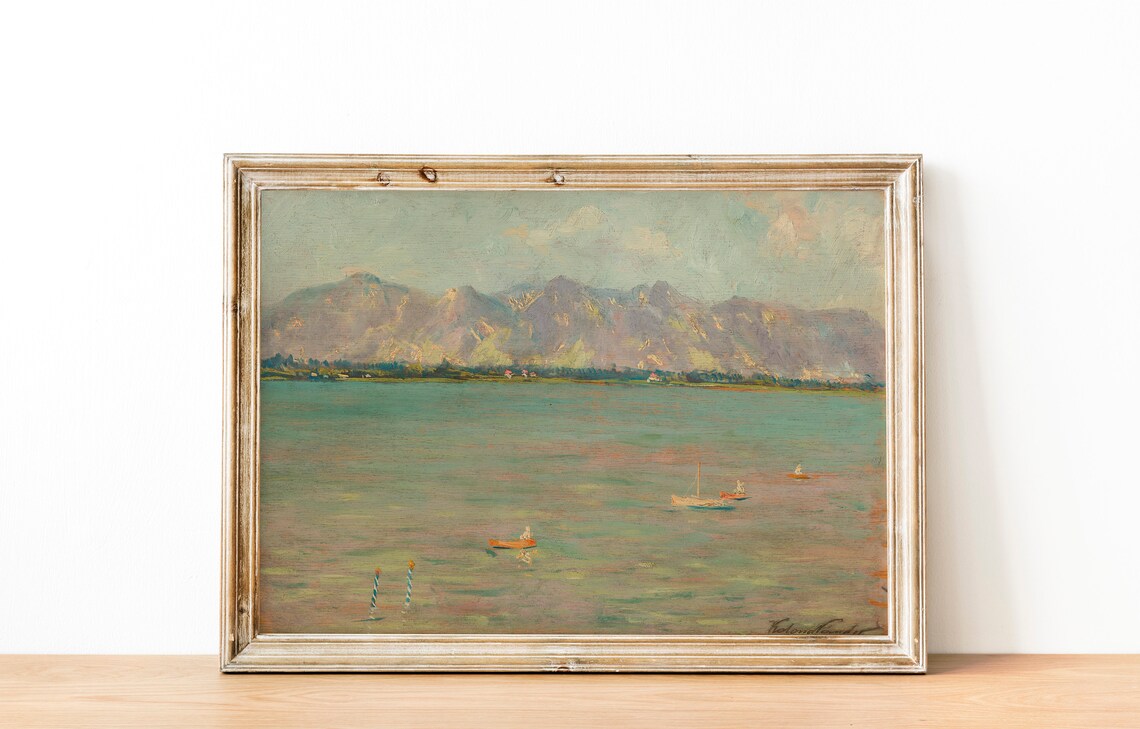 Turquoise Lake Small Boats Mountain Range Vintage Painting Poster - Image 3