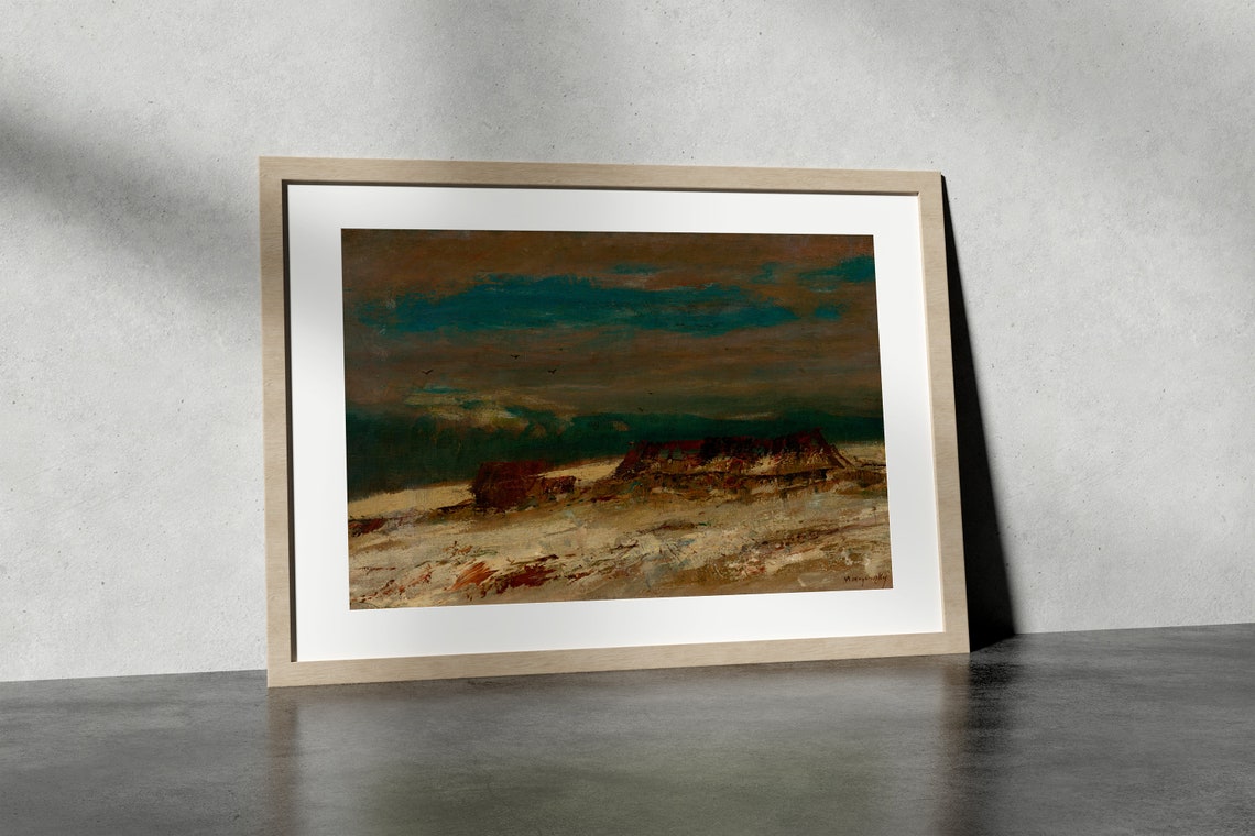Dark Moody Mountain Twilight Shore Muted Antique Painting Poster - Image 4
