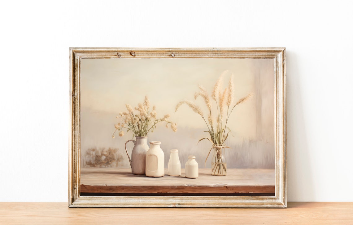 White Ceramic Pitchers with Dried Grass Neutral Kitchen Wall Art - Image 2