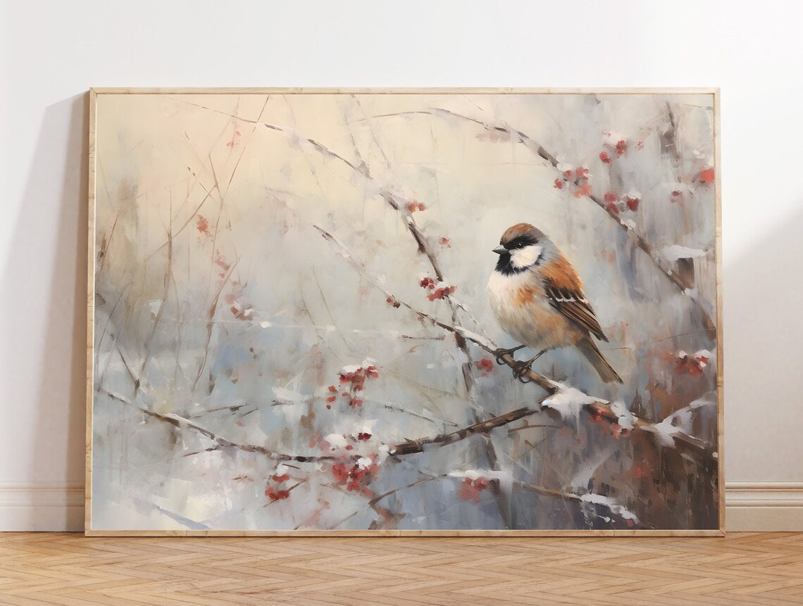 Chickadee on a Snowy Berry Branch Winter Bird Painting Wall Art