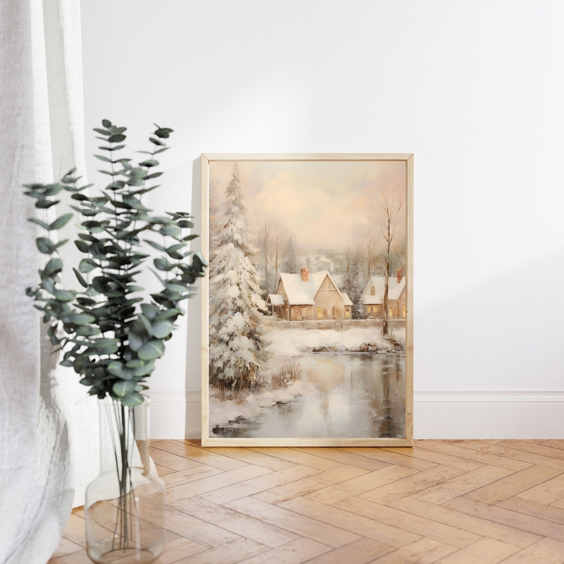 Snowy Cabins by a Frozen Pond with Tall Pines Winter Scene Poster - Image 3