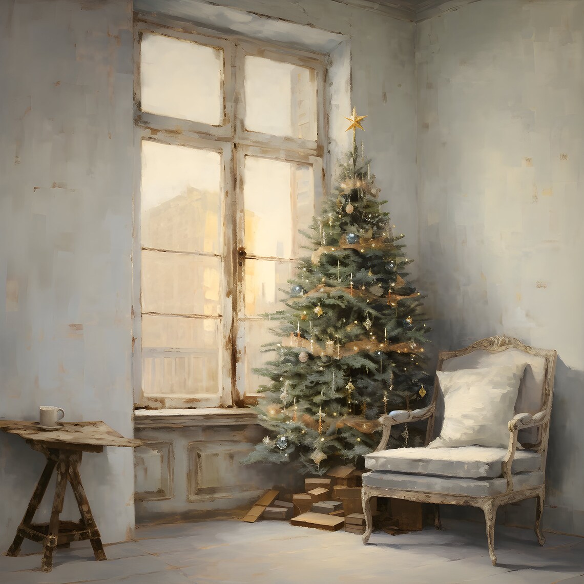 Christmas Tree by Window Beside French Armchair Neutral Art Poster - Image 2