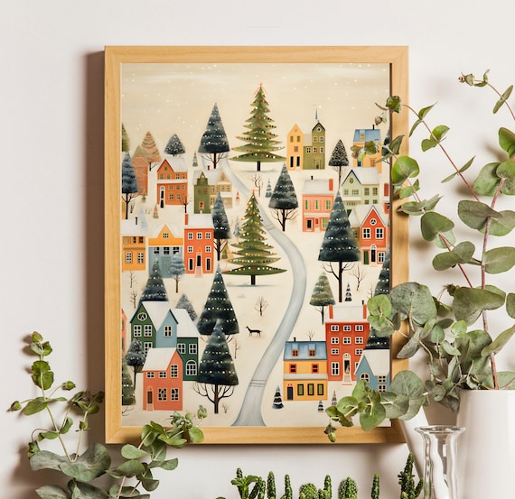 Xmas Winter Town Christmas Village Wall Art Print
