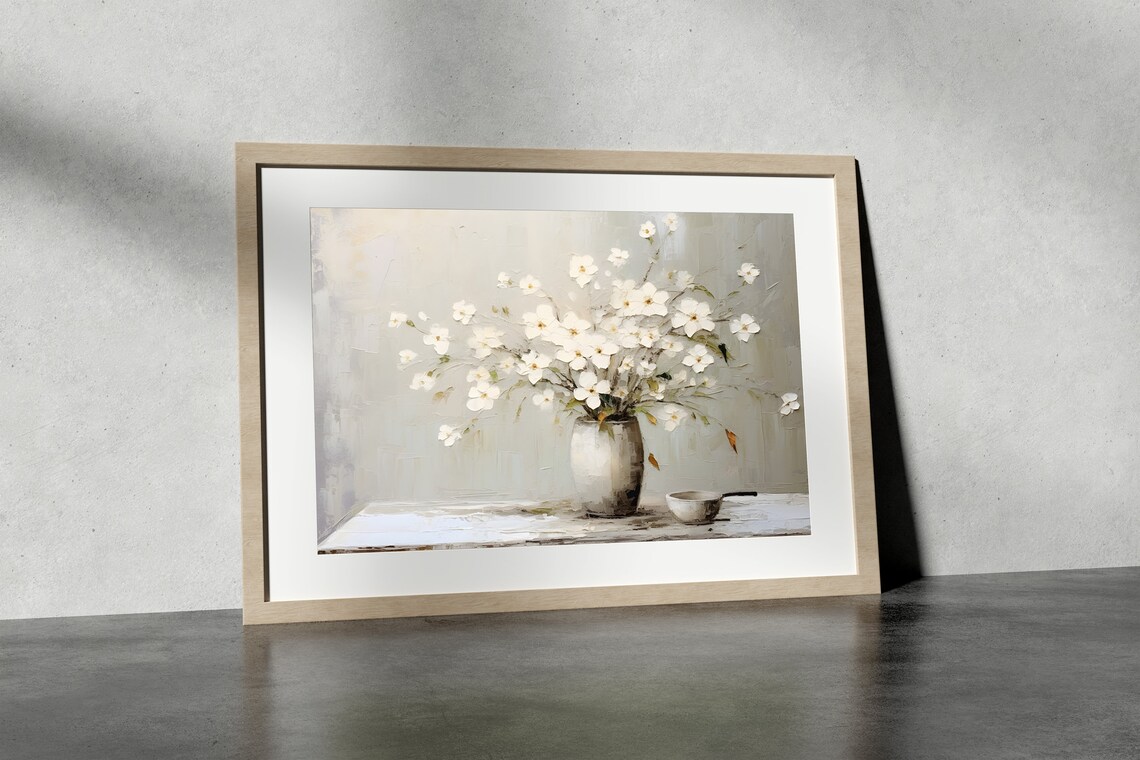 White Flowers Still Life Painting Neutral Vase Botanical Art Poster - Image 3