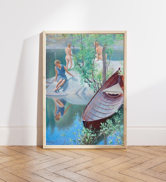 Summer Lake Bathers Woman In Blue Canoe 1931 Vintage Painting Poster