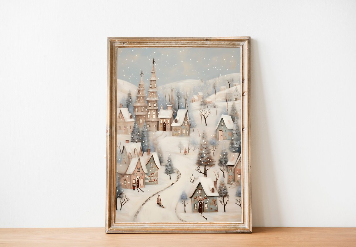 Vintage Christmas Village Landscape Art Print - Image 2