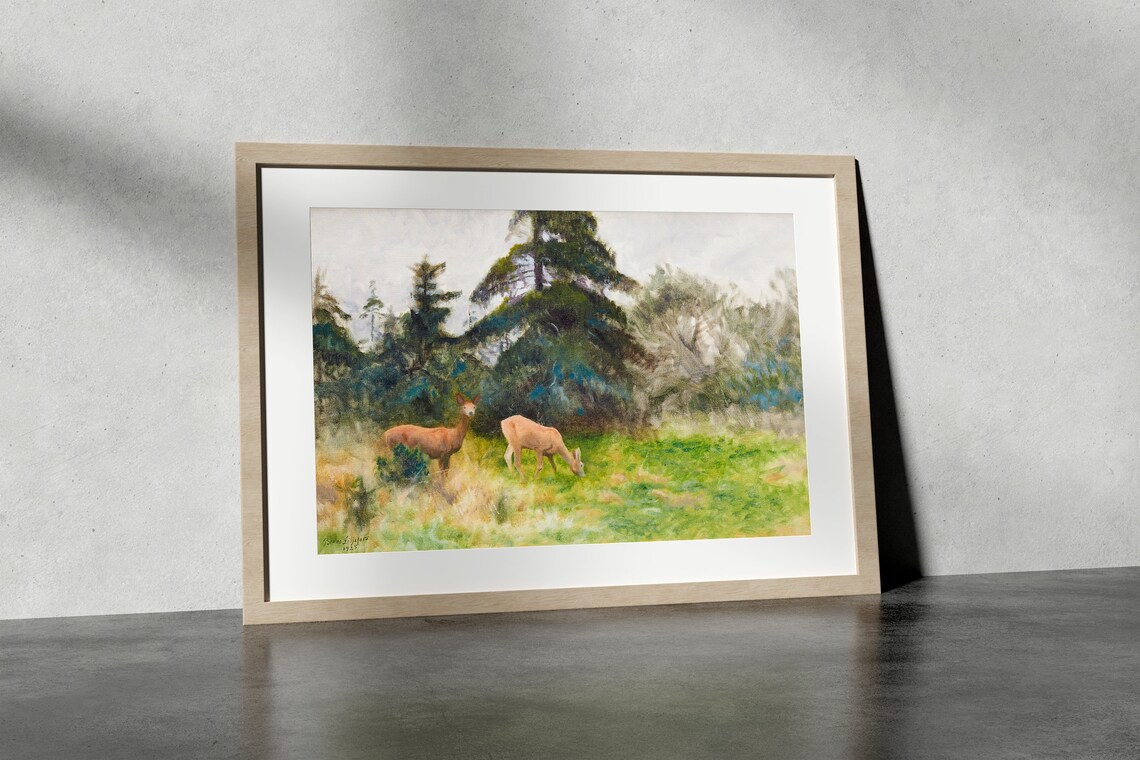 Two Roe Deer In Summer Meadow Pine Forest Wildlife Painting Poster - Image 4