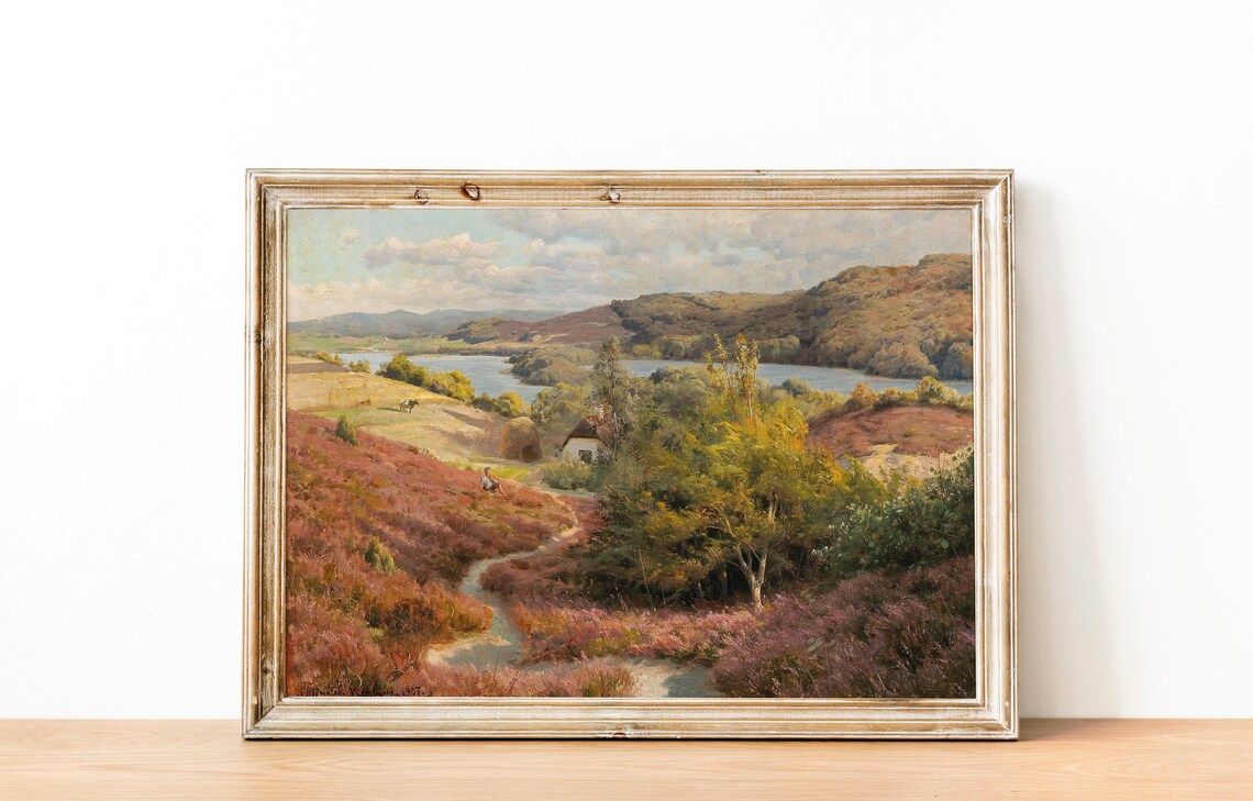 Rustic Lake Landscape Painting Antique Cottage Autumn Hills Art Poster - Image 3
