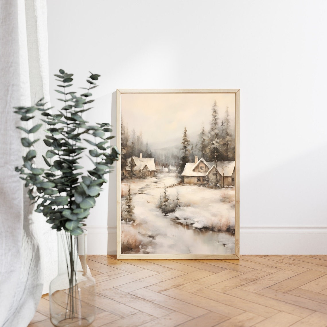 Snowy Forest Cabins with Winding Stream in Misty Winter Poster - Image 3