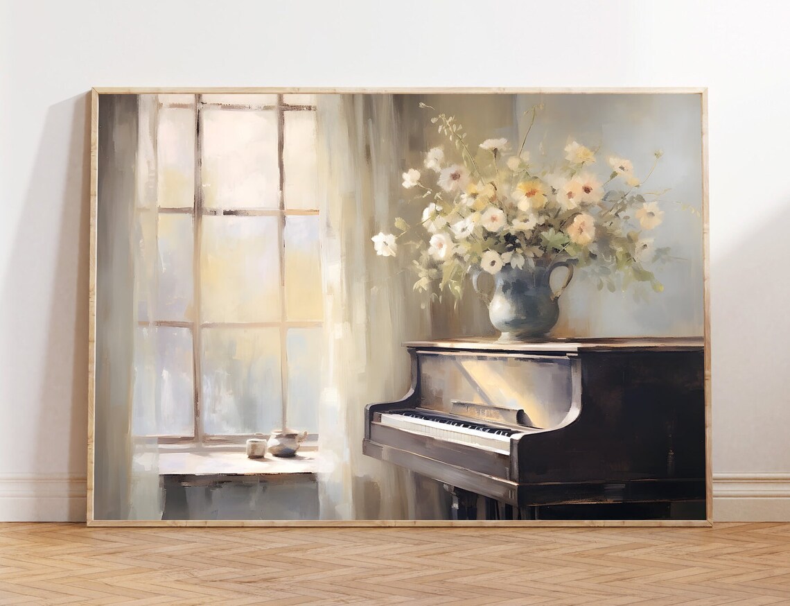 Flowers And Piano Art Print, Light Academia Decor