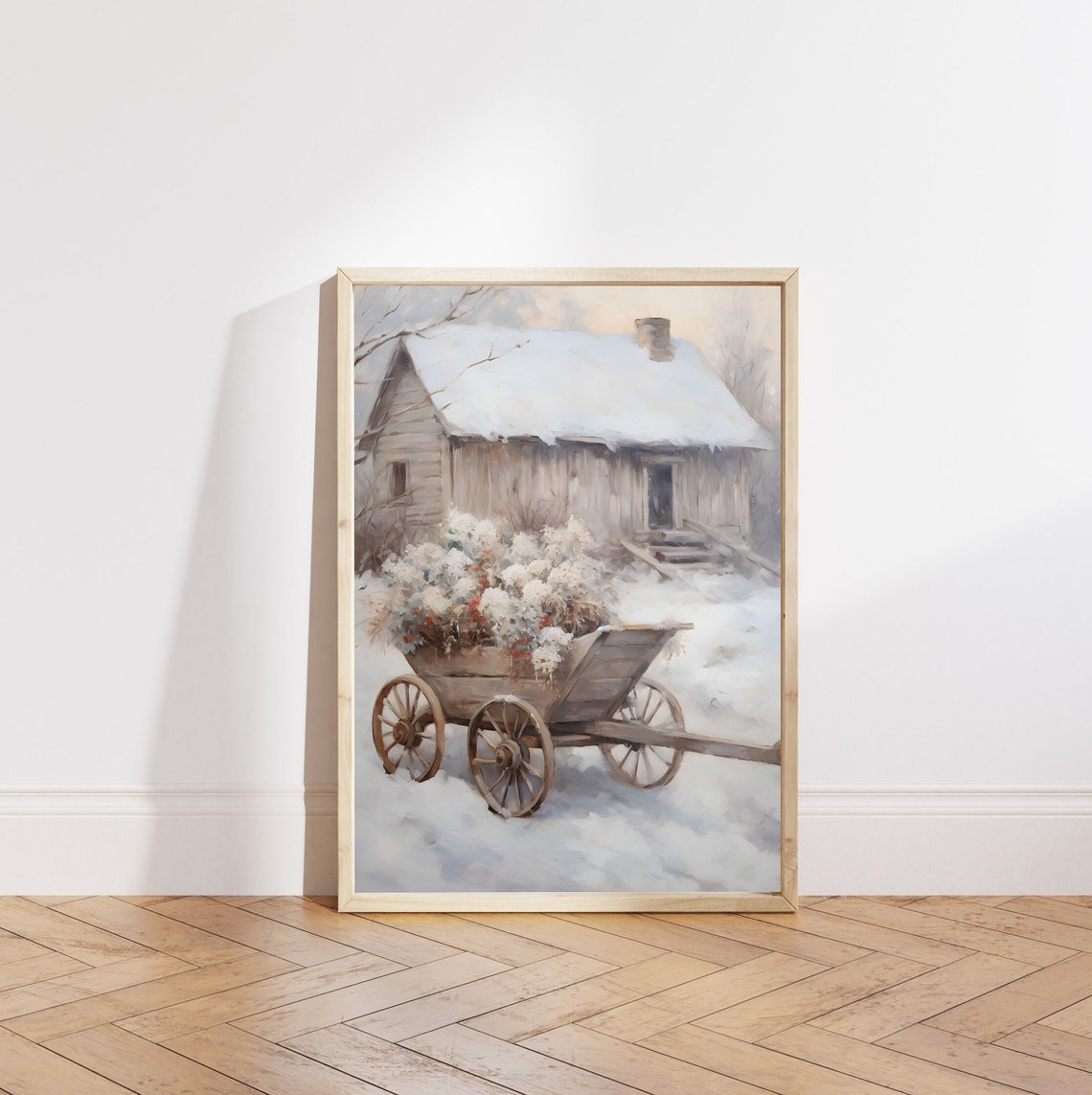Rustic Snowy Cabin with Winter Wagon Scene Soft Watercolor Poster - Image 5