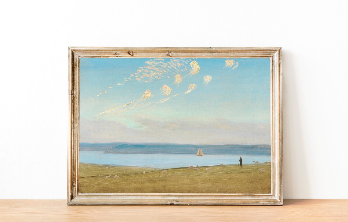 Sheep Pasture Sloping To Blue Lake Sailboat Pastoral Painting Poster - Image 3