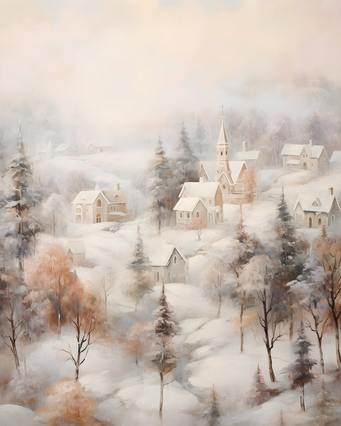 Vintage Winter Village Painting, Country Winter Scene - Image 5