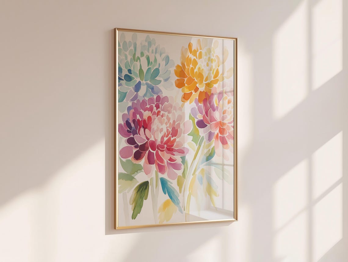 Soft Watercolor Chrysanthemum Trio Pink Purple Teal Home Decor Poster - Image 6