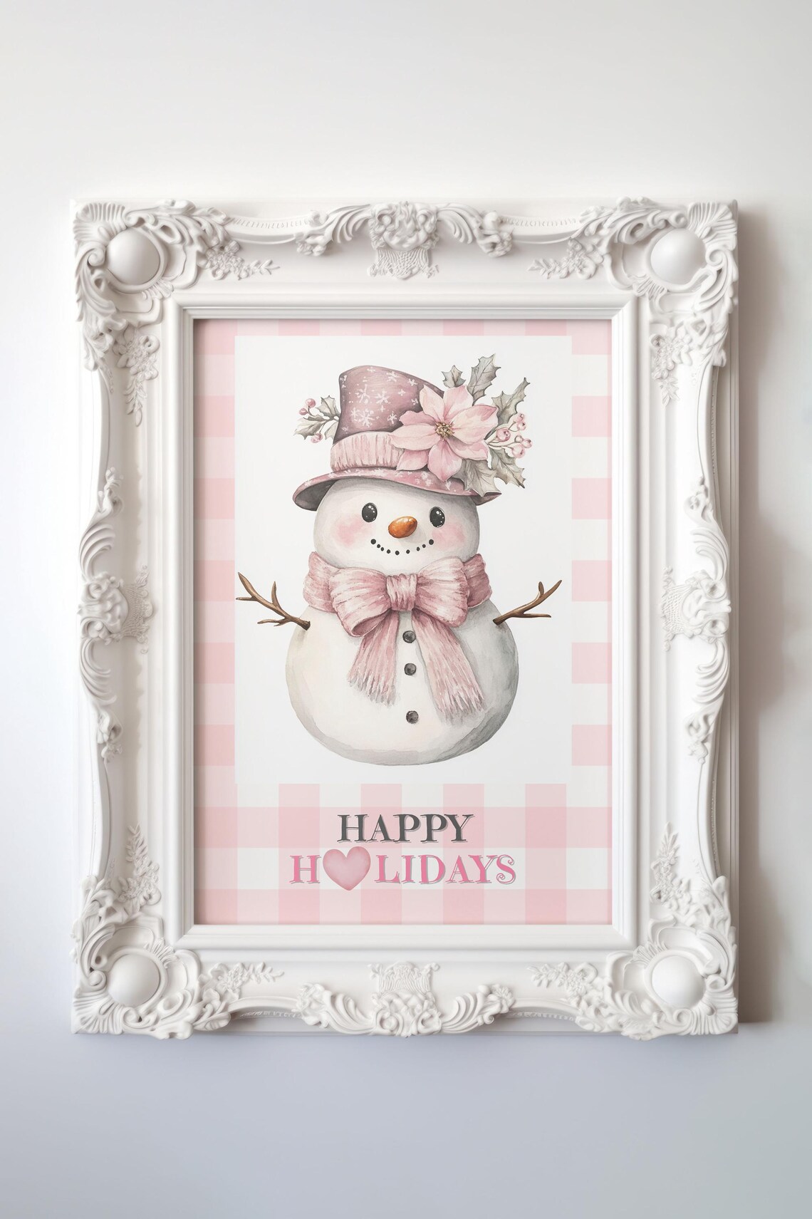 Cute Snowman with Pink Poinsettia Hat and Happy Holidays Text Poster