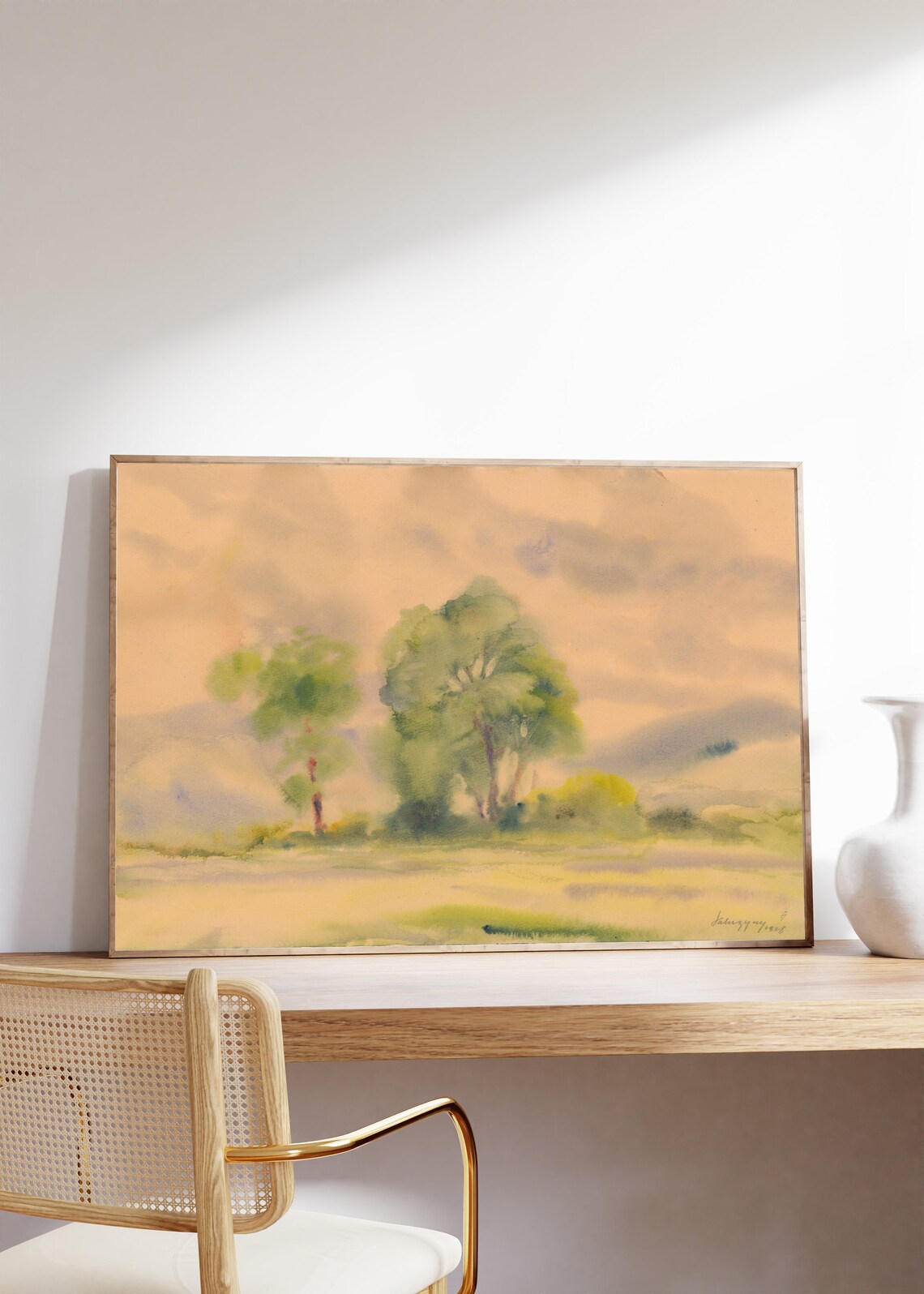 Green Trees Watercolor Painting Misty Meadow Minimalist Art Poster - Image 8